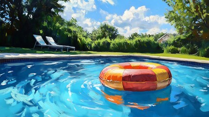 Wall Mural - sunny day pool scene with a colorful raft floating peacefully in the swimming pool
