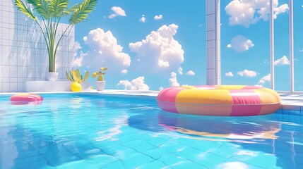 Wall Mural - sunny day pool scene with a colorful raft floating peacefully in the swimming pool
