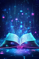Poster - An open book emits glowing data particles in a digital, cosmic environment.