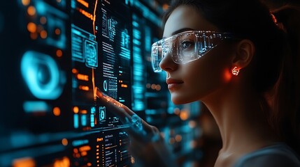 Woman in goggles interacts with futuristic interface.