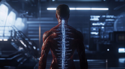 Poster - abstract technology futuristic concept of digital human body DNA binary AI digital interface future design on hi tech background.	