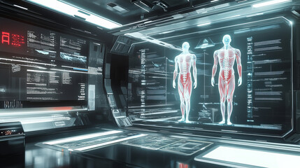 Poster - abstract technology futuristic concept of digital human body DNA binary AI digital interface future design on hi tech background.	