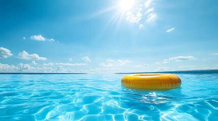 bright swimming pool with a pool raft floating under clear skies and the sun shining down