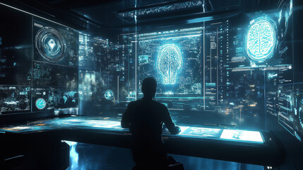 Poster - abstract technology futuristic concept of digital human body digital interface future design on hi tech background.	