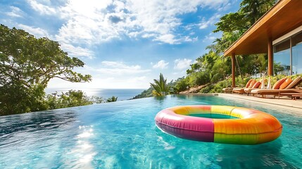 Wall Mural - colorful pool raft floating in a clear pool under the warm sun on a beautiful day