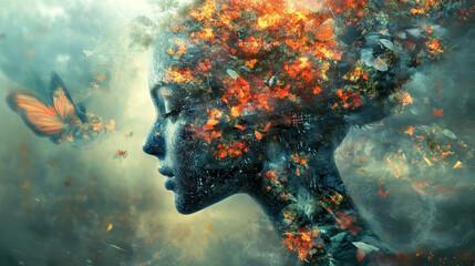 Poster - Abstract artificial intelligence vs humans, AI versus human analogy concept, AI replacements such as ChatGPT, OpenAI on a blue, purple, futuristic beautiful background.