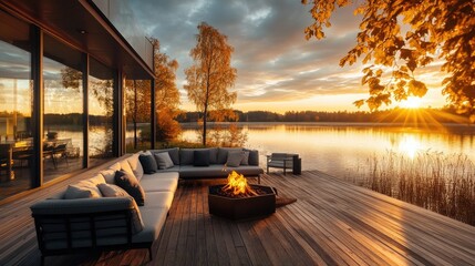 Poster - A beautiful autumn sunset over a calm lake, with a cozy wooden terrace featuring comfortable sofas and a fire pit on the deck of a modern lakeside country house