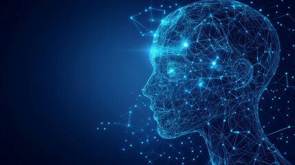 Poster - Abstract smart artificial intelligence digital futuristic technology face with light wireframe blue concept ai humanoid head virtual neural network.