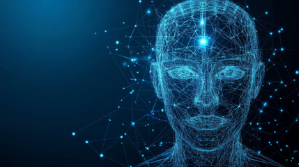 Poster - Abstract smart artificial intelligence digital futuristic technology face with light wireframe blue concept ai humanoid head virtual neural network.
