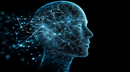 Poster - Abstract smart artificial intelligence digital futuristic technology face with light wireframe blue concept ai humanoid head virtual neural network.