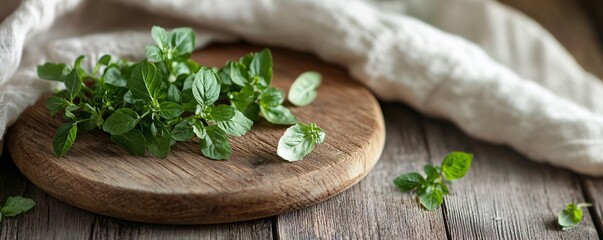 Aufkleber - Fresh oregano leaves resting on rustic wooden cutting board