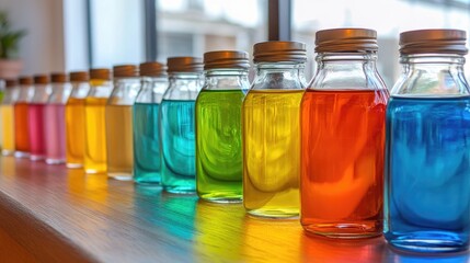 Poster - A beautifully arranged row of glass jars containing colorful liquids, each jar with its distinct hue and texture, creating an eye-catching display