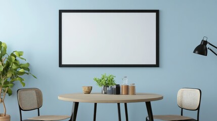 Poster - a black rectangular frame mockup hanging on a light blue dining room wall, with a round table and ch