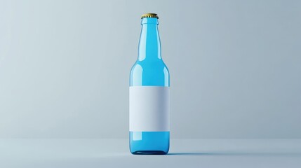 Poster - A blue beer bottle with a clean, empty label, set on a smooth grey background, ideal for product design or branding mockups