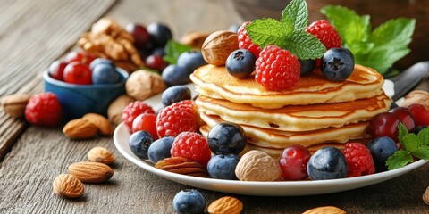 Poster - A breakfast assortment includes pancakes, a variety of nuts, fresh berries, and aromatic mint leaves, creating a delightful morning meal spread.