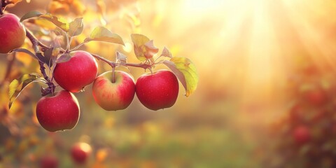 Poster - Vibrant red apples glisten on an apple tree branch, illuminated by bright rays of the sun, showcasing the beauty of nature and the allure of fresh, ripe apples in a sunlit setting.