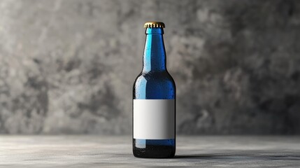 Aufkleber - A blue beer bottle with an empty label, styled elegantly on a smooth grey surface, ideal for showcasing branding and product design mockups
