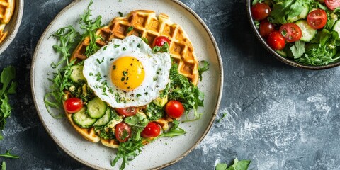 Aufkleber - Keto diet delights featuring delectable zucchini vegan waffles, a poached egg, and a fresh vegetable salad. Enjoy this satisfying keto diet breakfast or brunch on a stone tabletop.