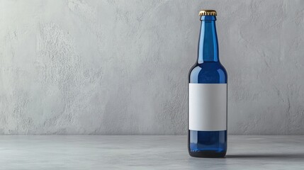 Aufkleber - A blue beer bottle with an empty label, styled elegantly on a smooth grey surface, ideal for showcasing branding and product design mockups