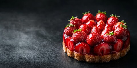 Poster - A luscious red strawberry cake sits on a dark surface, showcasing its delicious sweetness. This delightful pastry highlights the art of culinary creation.