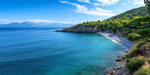 Aufkleber - Scenic Cephalonian coastline along the serene Aegean Sea, showcasing the beauty of nature and creating a captivating coastal landscape ideal for relaxation and exploration along the shoreline.
