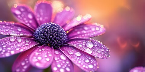 Poster - Close up of a stunning osteospermum flower adorned with morning dew, showcasing the intricate details and vibrant colors of the osteospermum flower under soft morning light.