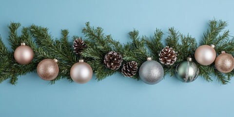Poster - Flat lay composition featuring a Christmas ball, garland, and fir branches displayed on a blue background. Ideal for a winter themed Merry Christmas holiday greeting card.