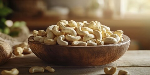 Poster - Cashews displayed in a rustic wooden dish on a kitchen table, showcasing the natural beauty and texture of cashews, perfect for culinary or lifestyle imagery featuring cashews.