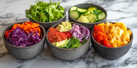 Poster - Composition featuring four vibrant vegetable salad bowls, showcasing a variety of fresh veggies beautifully arranged in each bowl, perfect for any healthy meal presentation.