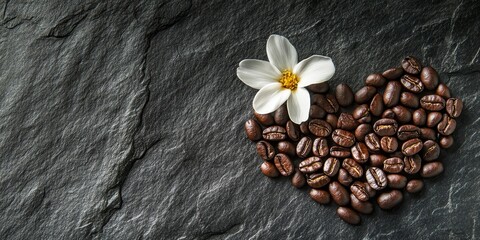 Poster - Heart shaped coffee beans paired with a flower create a stunning visual on a black stone surface, showcasing the unique beauty of heart shape coffee beans in an elegant composition.
