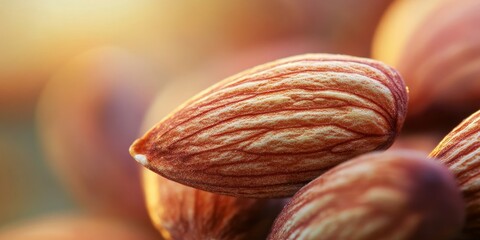 Poster - Closeup of almond nut reveals intricate details, showcasing the almond kernel against a blurred background, highlighting the beauty and texture of almond nuts and almond kernels.