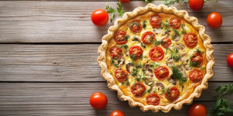 Poster - Delicious quiche featuring sprats and cherry tomatoes beautifully arranged on a rustic wooden table, highlighting the appealing presentation of quiche with fresh ingredients.