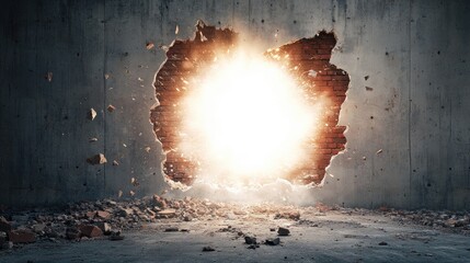 Poster - A bright white hole in a concrete wall, sending shards of red brick and dust flying as light emerges, illuminating the scene with powerful contrast