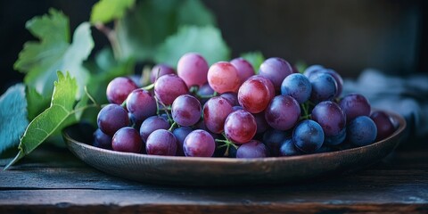 Poster - Fresh grapes displayed on a wooden background, with vibrant grapes elegantly arranged on a plate, showcasing the beauty and freshness of grapes in a natural setting.