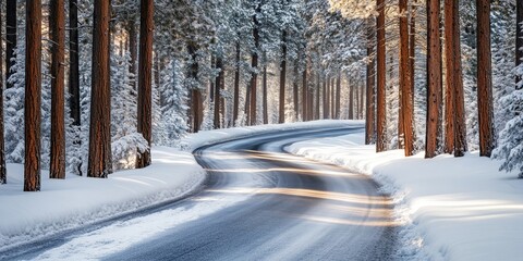 Poster - Winding road through a serene winter forest, showcasing the beauty of nature in a snowy landscape with tall trees lining the snow covered road in a tranquil scene of the winter forest.