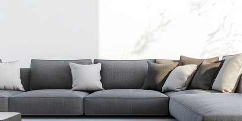 Poster - Contemporary gray L shaped couch accompanied by cushions set against a white backdrop, complete with a clipping path for easy integration.