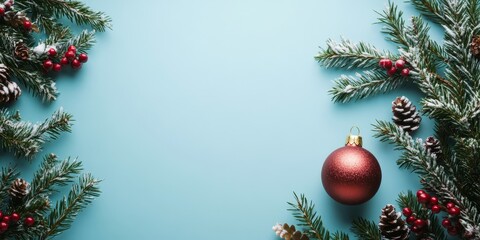 Poster - Flat lay composition featuring a Christmas ball, garland, and fir branches displayed on a blue background. Ideal for a winter themed Merry Christmas holiday greeting card.