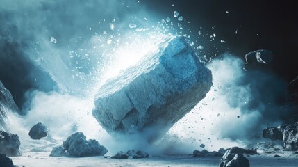 Poster - A brilliant white void splits a large boulder apart, sending flying shards in all directions, creating a dramatic, powerful scene
