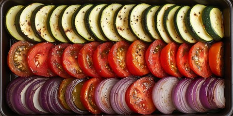 Poster - Wholesome Baked Ratatouille featuring Zucchini, Tomato, and Onion arranged neatly on a cooking tray for a delicious meal option that highlights these fresh ingredients.