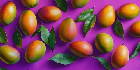 Poster - Vibrant, juicy mangoes set against a striking purple background create a colorful display. These colorful mangoes stand out beautifully on the bright backdrop, enhancing their juicy appeal.