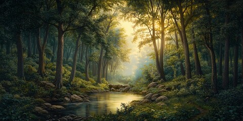 Poster - Scenic landscape in the morning showcases the beauty of nature within a lush forest, capturing the essence of a tranquil forest landscape at dawn. Enjoy the peacefulness of this stunning landscape.