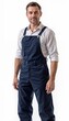 © InspirationDesign - Man in navy overalls with white shirt on white background. For technical maintenance, installation services, quality inspection, repair workshops, cleaning services, facility management