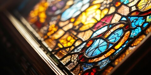 Poster - Close up of a stained glass window featuring intricate designs, set within a classic wooden frame, showcasing the beauty and craftsmanship of stained glass artistry.