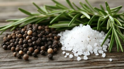 Poster - Rosemary, black pepper, and salt arranged on a wooden table create an appealing composition. This image showcases rosemary, black pepper, and salt with a selective focus for added depth.