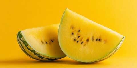 Aufkleber - A yellow background showcases half of a yellow watermelon, emphasizing the vibrant color of both the fruit and the backdrop in an eye catching display.