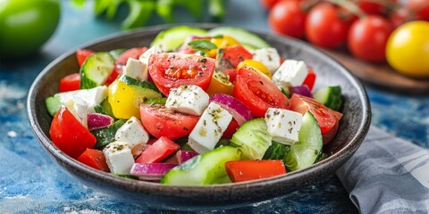 Poster - Delicious gourmet Greek salad featuring vibrant ingredients, perfect for enhancing your meals. This gourmet Greek salad is not only nutritious but also visually appealing, offering a delightful taste