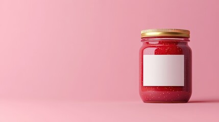 Poster - A clean and elegant image of a raspberry jam jar with a blank label, styled against a solid pink background, perfect for showcasing custom labels