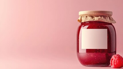 Poster - A clean and elegant image of a raspberry jam jar with a blank label, styled against a solid pink background, perfect for showcasing custom labels