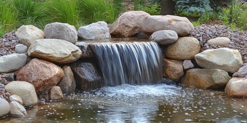 Poster - A petite waterfall pours down into a pond that is bordered by various rocks, creating a picturesque scene of nature. The waterfall flows into the tranquil pond, embraced by the stones.