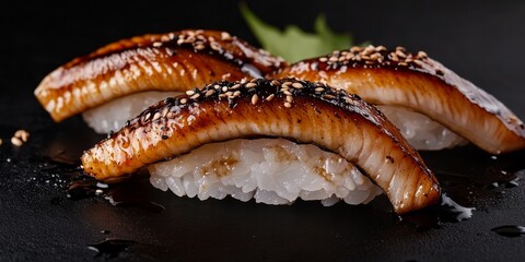 Poster - Eel sushi nigiri beautifully presented against a striking black sesame background, highlighting the exquisite texture and flavor of eel sushi nigiri in a gourmet setting.